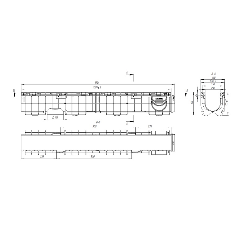 Лоток водоотводный Standartpark Basic DN100, 1000х160х155 мм, пластик