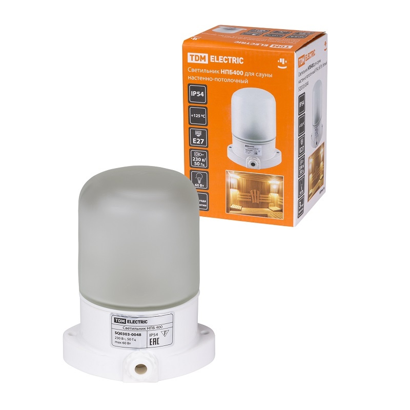 Светильник д/ сауны под E27, 60Вт, 230В, настенный/потолочный, IP54, белый пластик+стекло