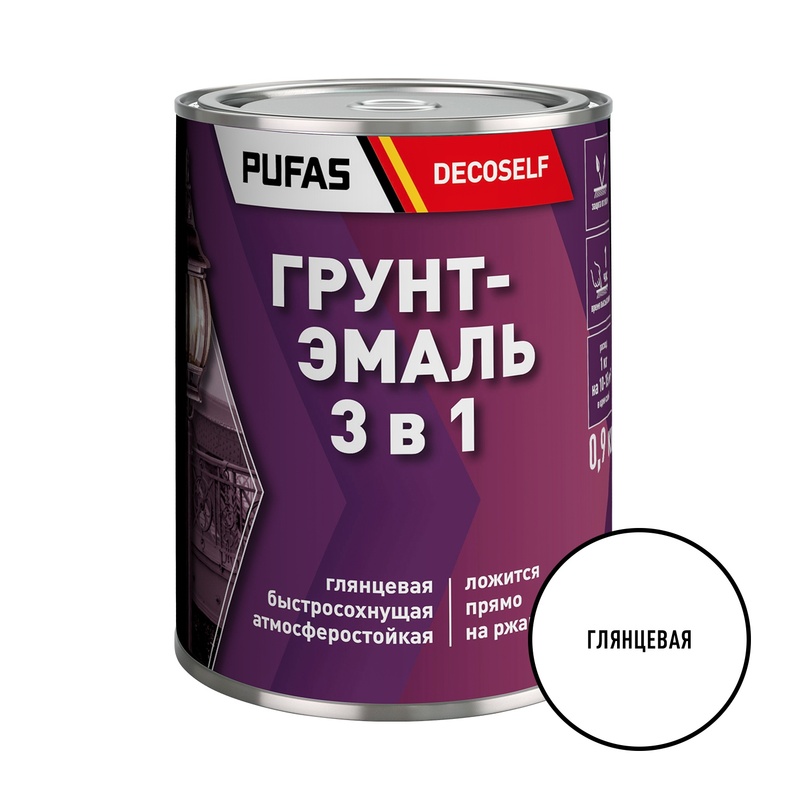 Грунт-эмаль Pufas Decoself 3 в 1 глянцевая белая (0,9 кг)